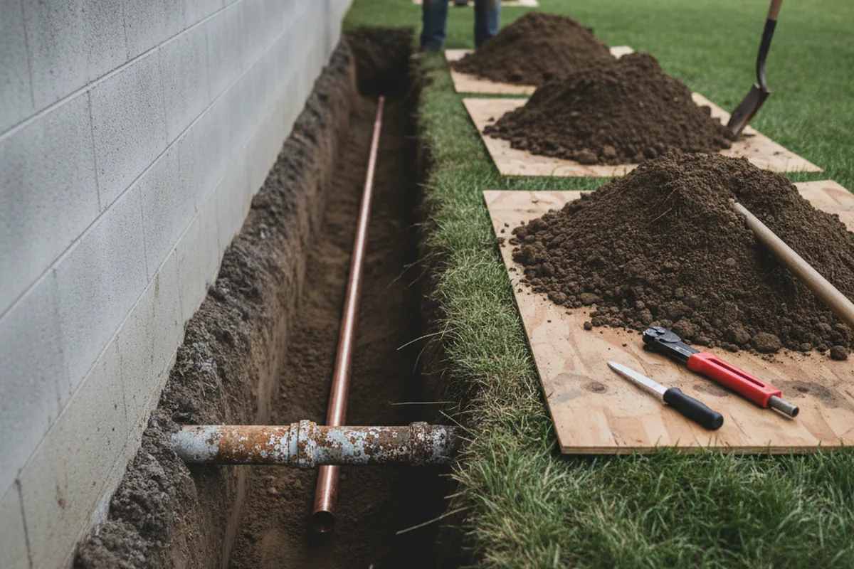 Excavated water line trench during Water Heater Repair in Water Valley